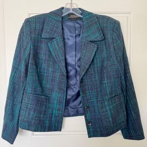 Ainsley Collection Linen Blazer Petite 12P Blue Green Plaid Career Business